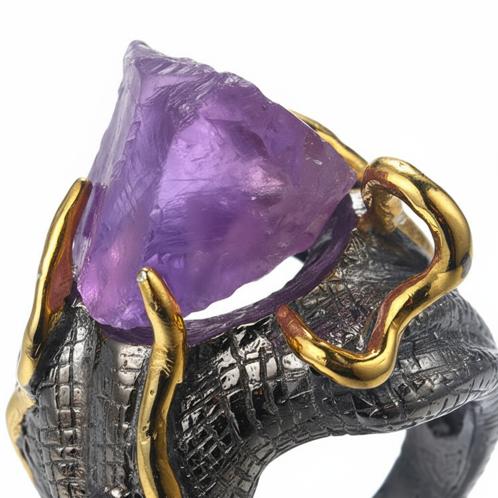 OEM Natural Purple Amethyst Rough Gemstone Handmade 925 Sterling Silver Ring Jewelry