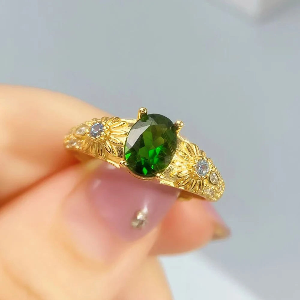 Gioiellieri Natural Chrome Diopside Ring for Women S925 Sterling Silver Oval Cut Green Gemstone Fine Jewelry for Wedding Anniversary Gift
