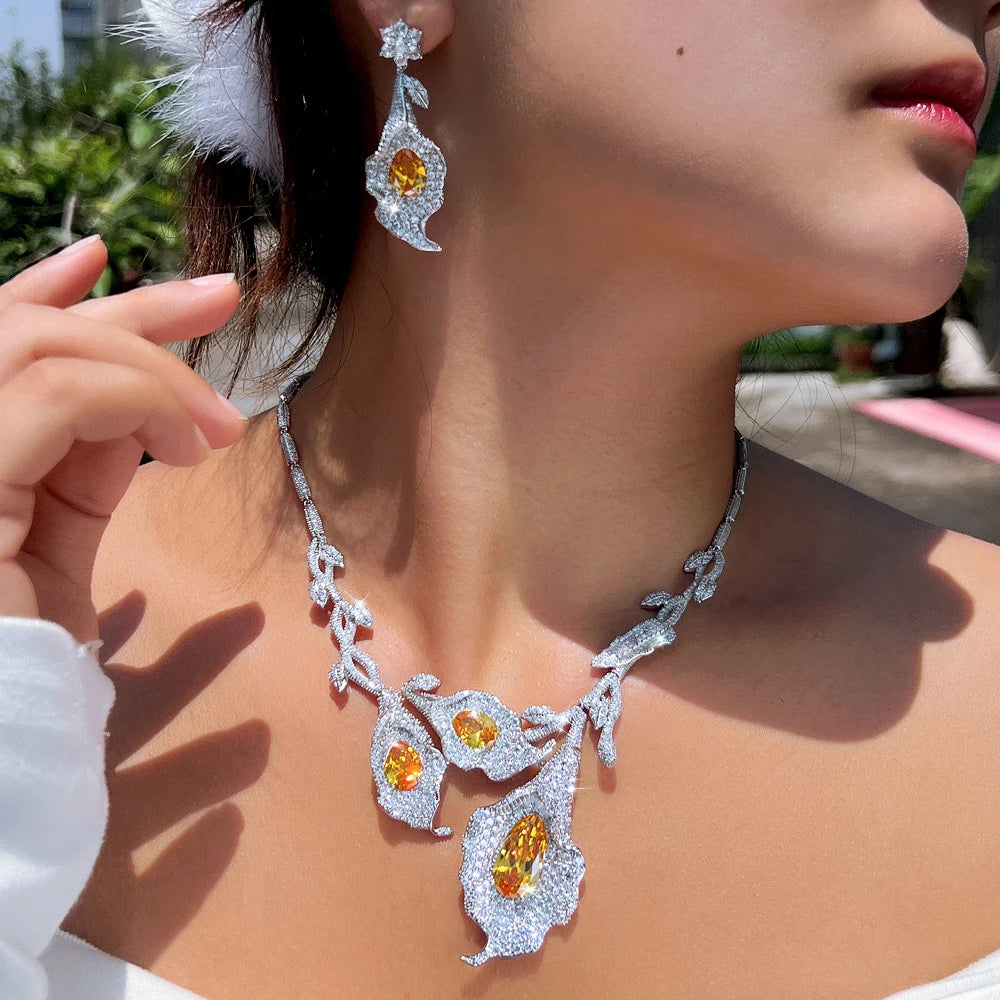 Wholesale 2pcs Necklace and Earrings Set Irregular Shape Big Yellow Leaf Jewelry Set for Women Wedding Party