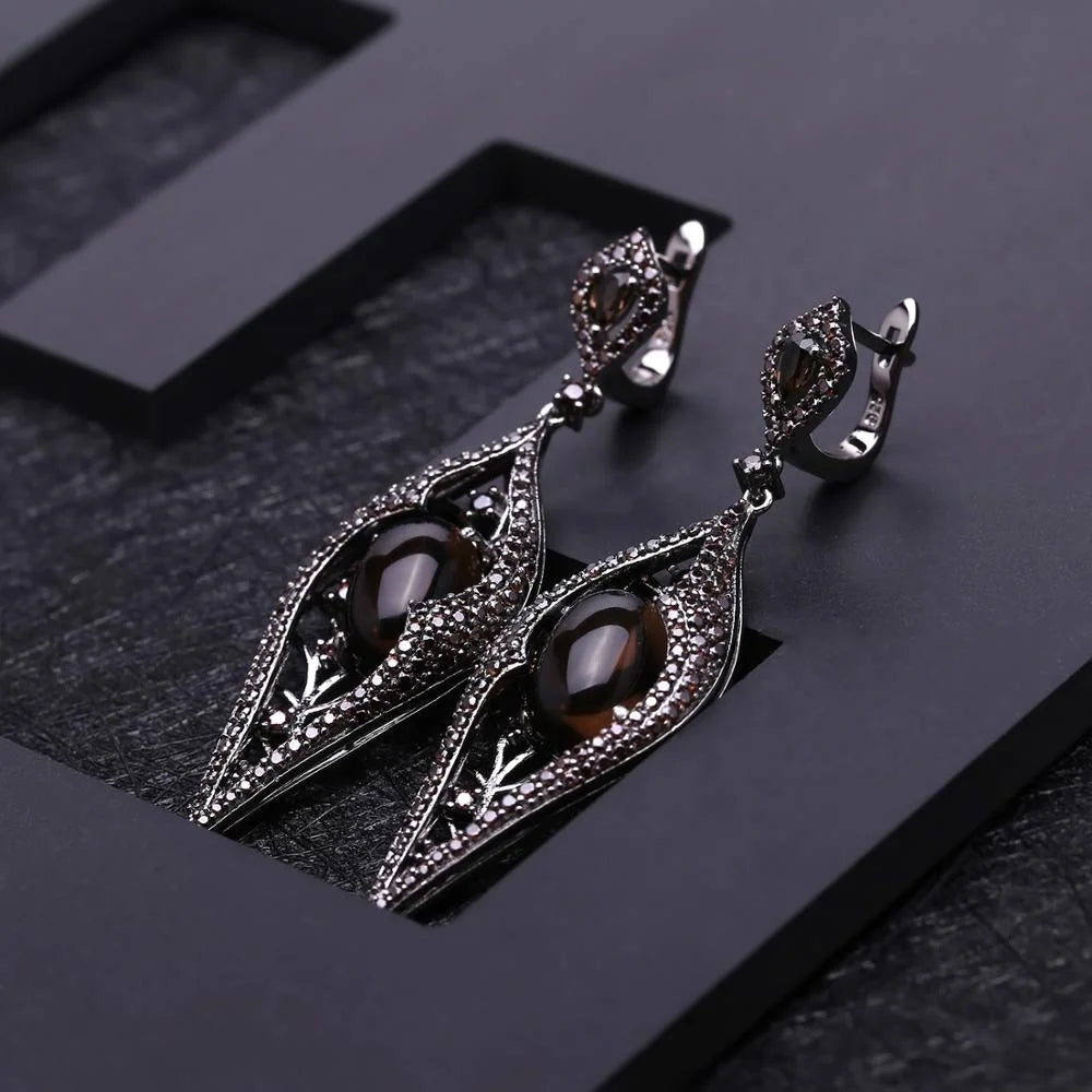 ArtistA Abiding 925 Sterling Silver Vintage Black Gunmetal Plated Natural Smoky Quartz Ring Earring Necklace Jewelry Set for Wedding