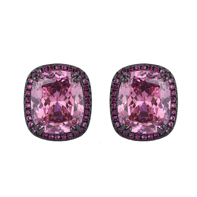 Gemfiori Luxury Vintage Black Rhodium Plated Pink Morganite Jewelry Set Cushion Cut Pink Gemstone Pendant Necklace Ring Stud Earring Gift