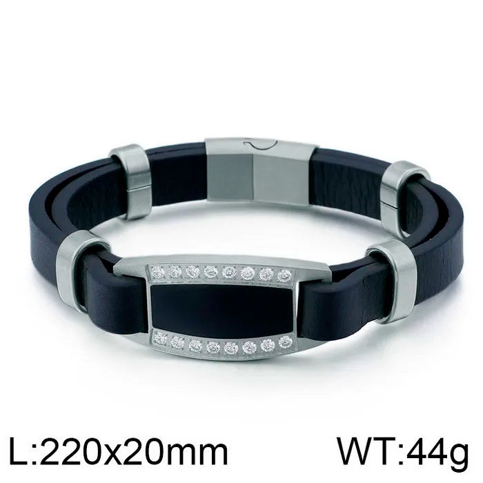 KALEN Unisex Vintage Fashion Jewelry Bracelets Stainless Steel Bangles Cowhide Leather Bracelet With Rhinestones