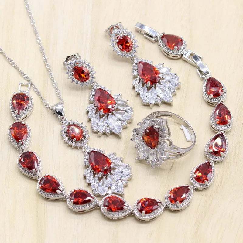 XOTICA Dubai Bridal Accessories Women's Wedding Jewelry Set Water Drop Zirconia Earring Pendant Bracelet Ring Gift Set for Parties