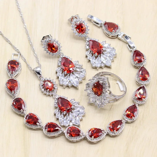 Dubai Bridal Accessories Women's Wedding Jewelry Set Water Drop Zirconia Earring Pendant Bracelet Ring Gift Set for Parties