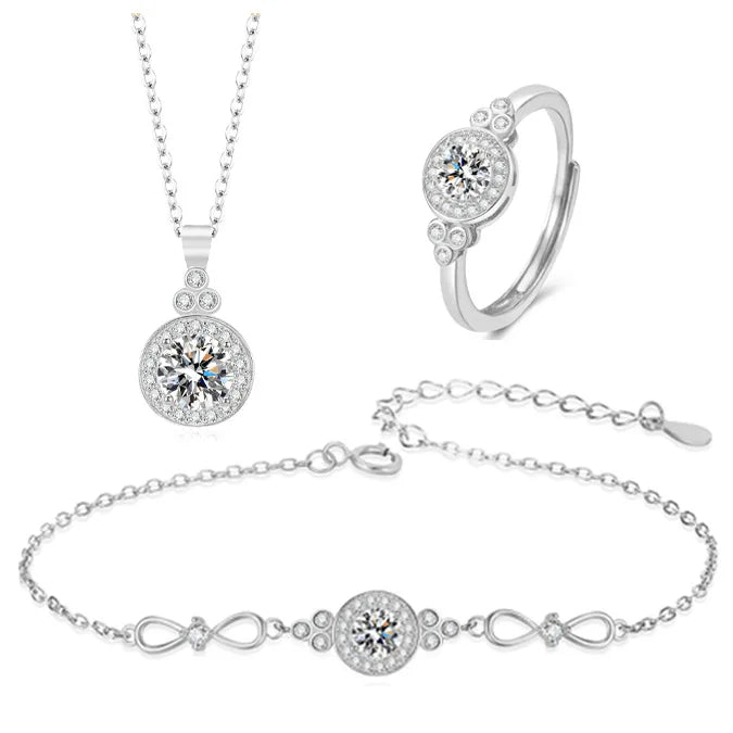 S&S 925 Sterling Silver Zircon Square Jewellery Set | Necklace, Bracelet & Ring | Platinum & Gold | S&S Collection
