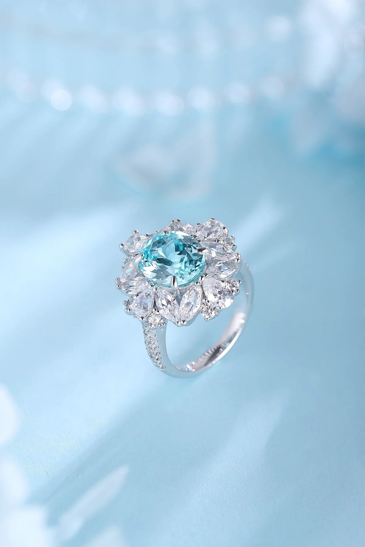 Gemfiori S925 Silver Cultivated Paraiba Ring Main Stone: 6.33CT Side Stones:6.27CT Weight: 7.92g