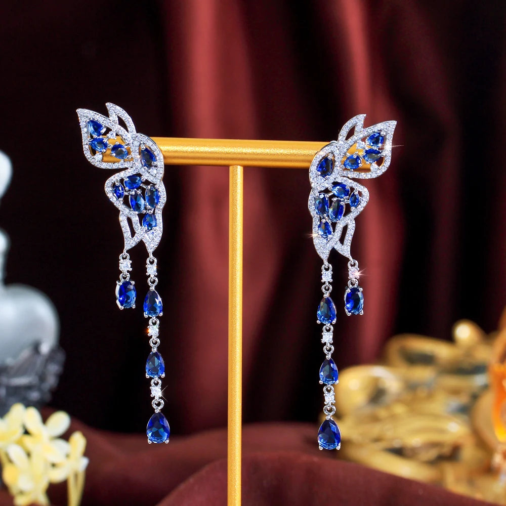 Pretty Royal Blue CZ Zirconia Symmetrical Wing Butterfly Shape Wedding Dangle Drop Earrings for Women Special Occasions Jewelry