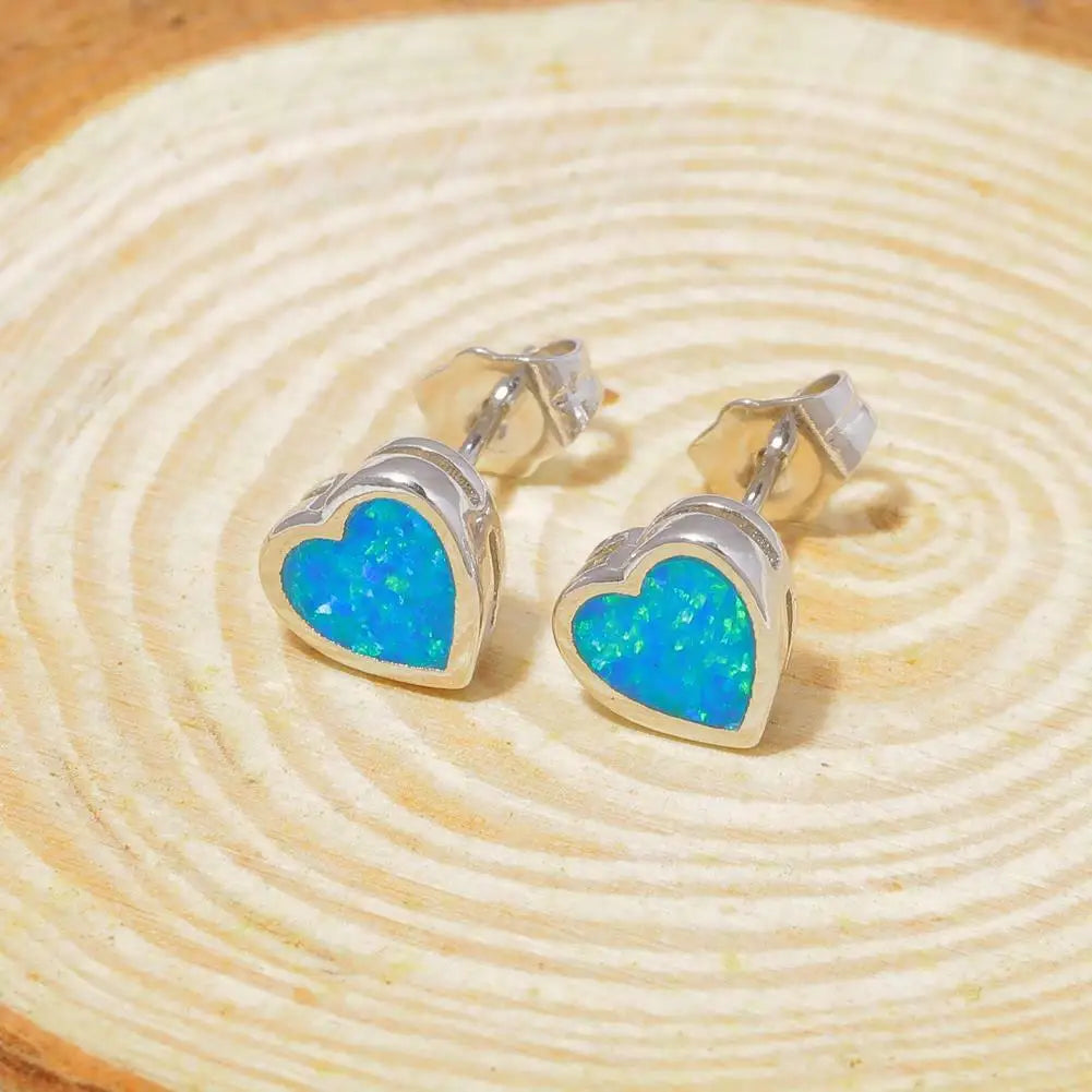 Vibrant Blue Heart Opal Stud Earrings - Iridescent Fire Opal & Sleek Frame | Daily Romantic Jewelry Bulk Gifts