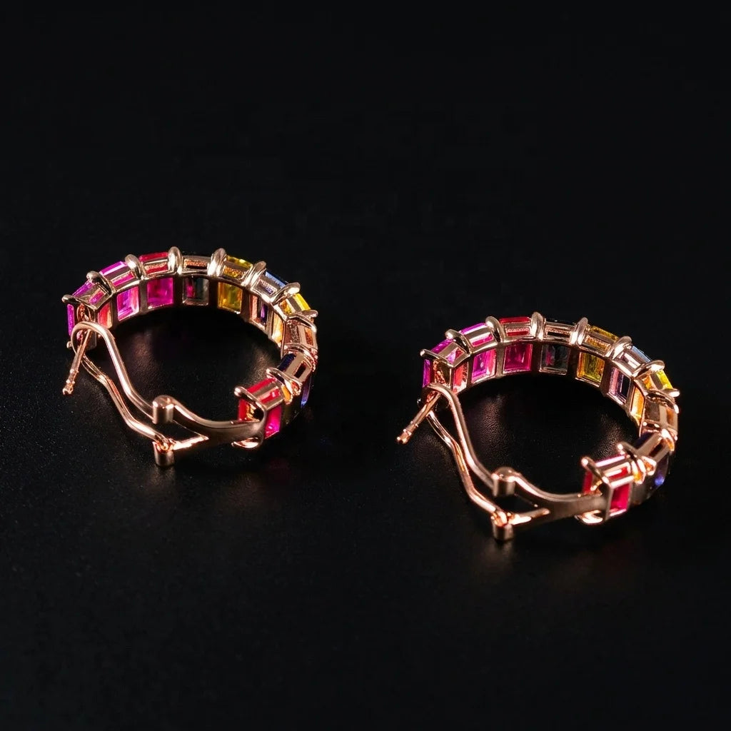 Gemfiori Luxury Fine Jewelry Colorful Emerald Cut Lab Grown Sapphire Solid 18K Rose Gold Earrings for Female Anniversary Gift Engagement