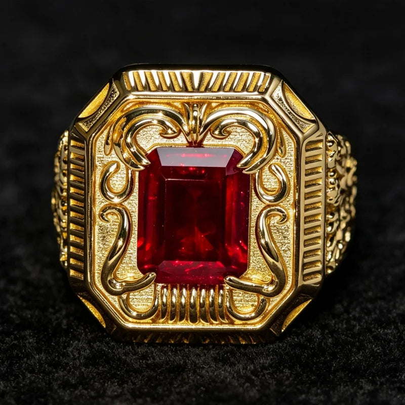 Gemfiori Fine Jewelry S925 Silver 14K Gold Plated Ruby Ring Vintage Carved Rectangle Red Gemstone Ring Wide Band Ruby Ring for Men