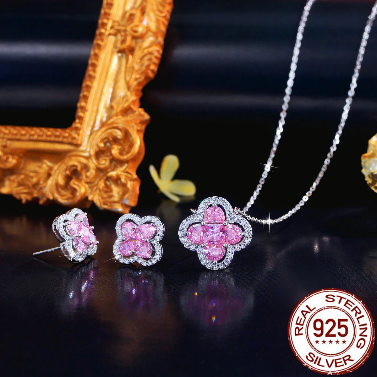 Real 925 Sterling Silver CZ Jewelry Set Pink Zircon Flower Dangle Pendant Stud Earrings Jewelry Set for Women Brides Daily Wear