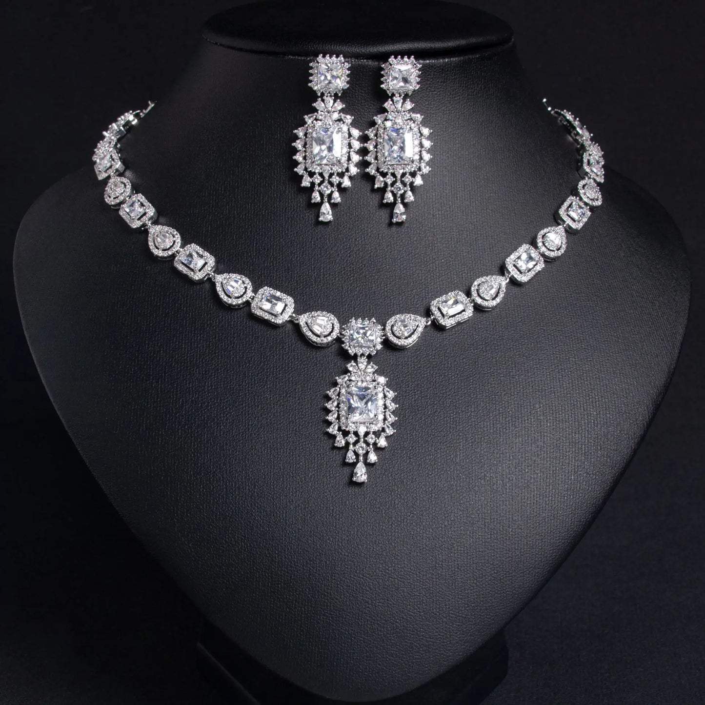 Luxury Princess-Cut Zirconia Rectangle Necklace & Earrings Bridal Set — Rhodium Plated