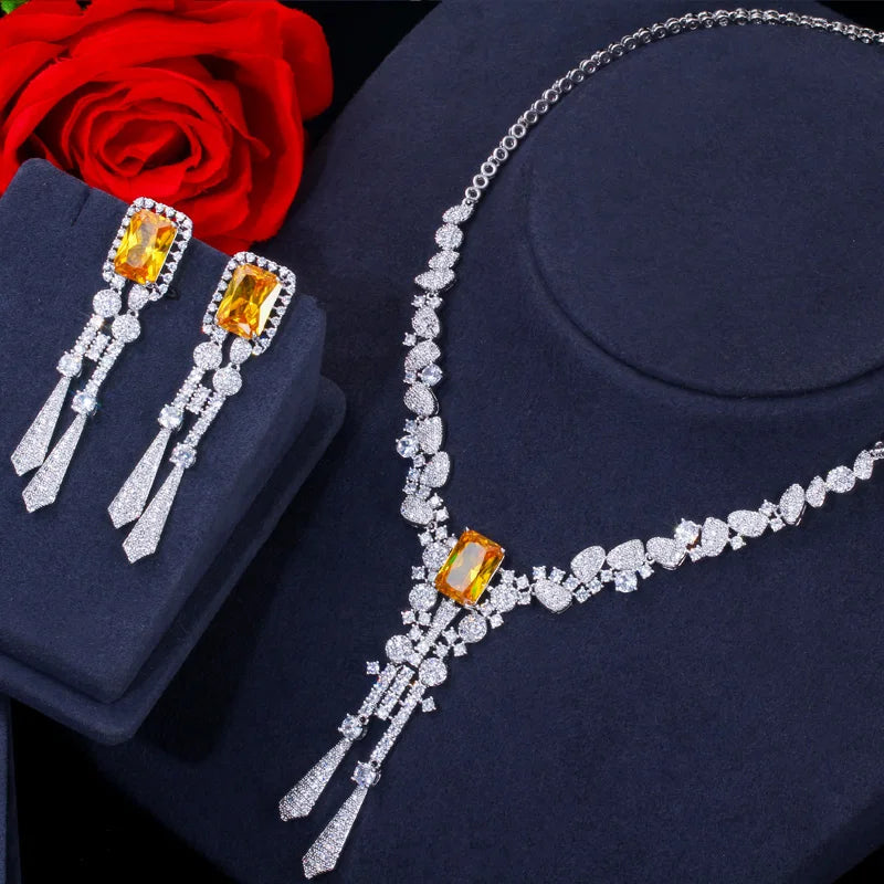 Luxury Yellow Nigeria CZ Crystal Dangle Drop Wedding Earring Necklace with Long Tassel Big Dubai Bridal Jewelry Sets Accessories