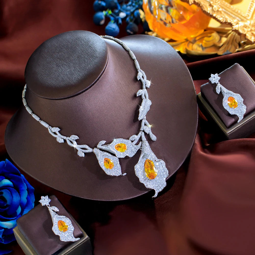 Wholesale 2pcs Necklace and Earrings Set Irregular Shape Big Yellow Leaf Jewelry Set for Women Wedding Party
