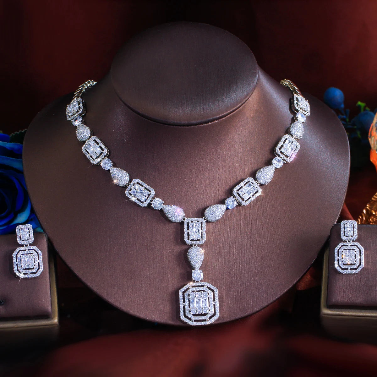 Elegant Cubic Zirconia Brazilian Gold Plated African Nigerian Necklace and Earrings Bridal Jewelry Sets for Women Wedding Party