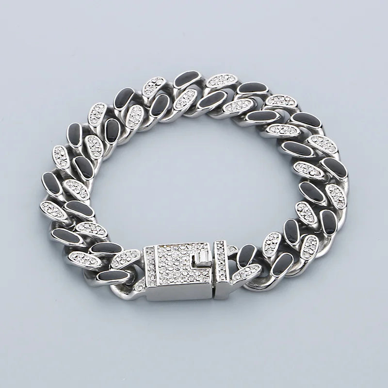 REBEL Unisex Hip-hop 205mm Stainless Steel&Rhinestones Cuban Links Bracelet