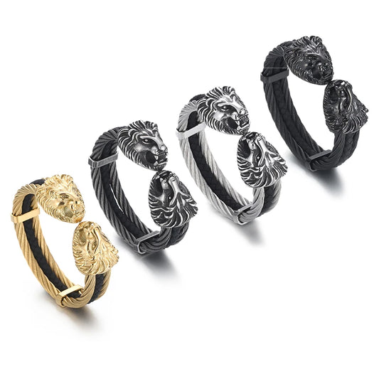 KALEN Punk Silver/Gold/Black/Oxidized Black Stainless Steel Lion Head Cuff Bangle Bracelet