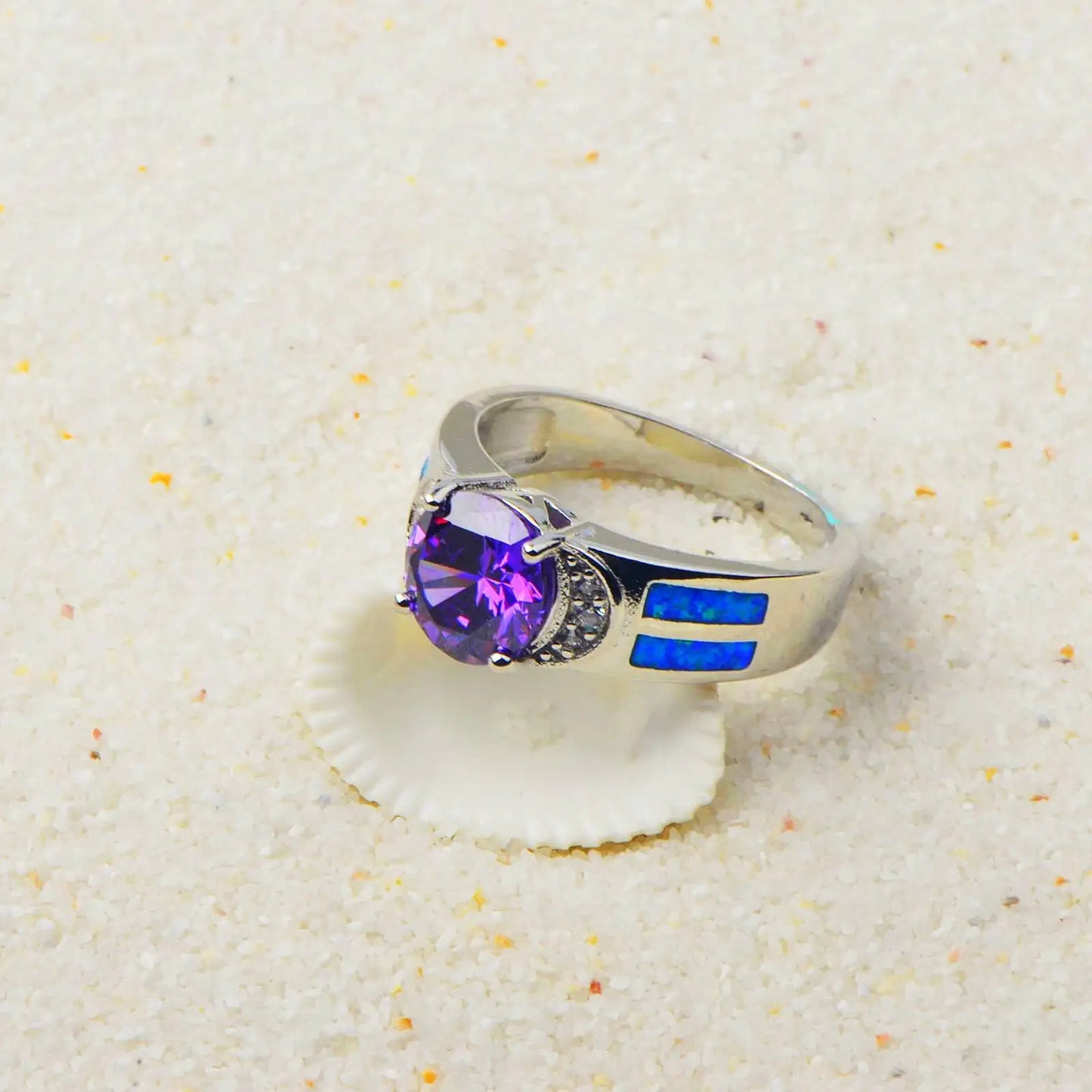 Unique Purple & Blue Opal Ring | Shiny CZ Statement Band | Women's Daily Party Ring