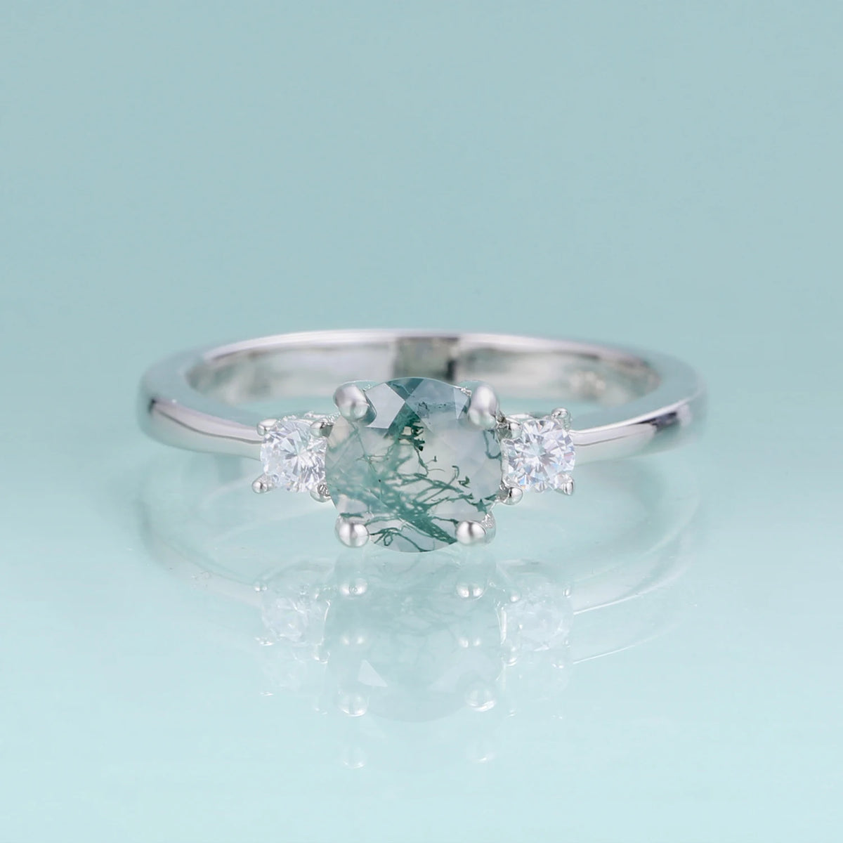 ArtistA Abiding Plated Silver 925 Natural Stone Ring Fancy Cut Natural Inspired Moss Agate Engagement Ring for Anniversary Bridal
