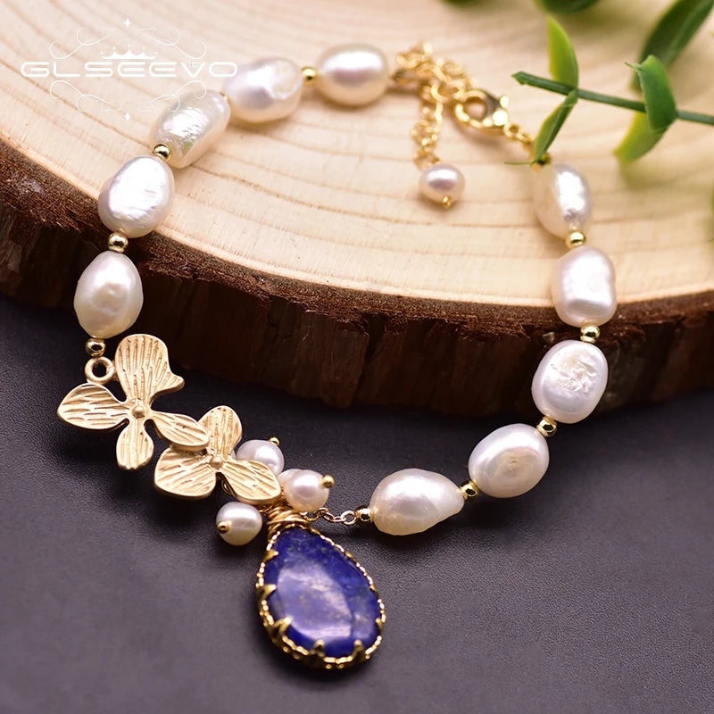 GLSEEVO Natural Freshwater Baroque Pearl & Gold Flower Leaves Jewellery Set — Necklace, Earrings & Bracelet