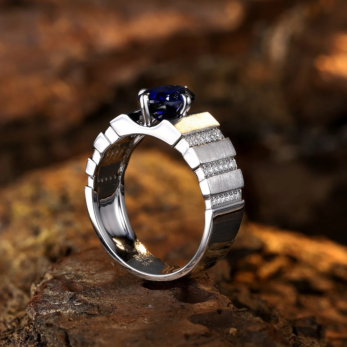 Gemfiori Wedding Rings 925 Sterling Silver Lab Grown Sapphire Mens Solid Silver Band Ring