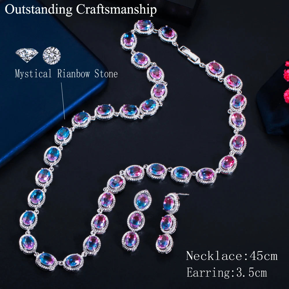Beautiful Rainbow CZ Mystic Stone Round Drop Women Party Necklace Earrings Fashion Bridal Wedding Jewelry Sets