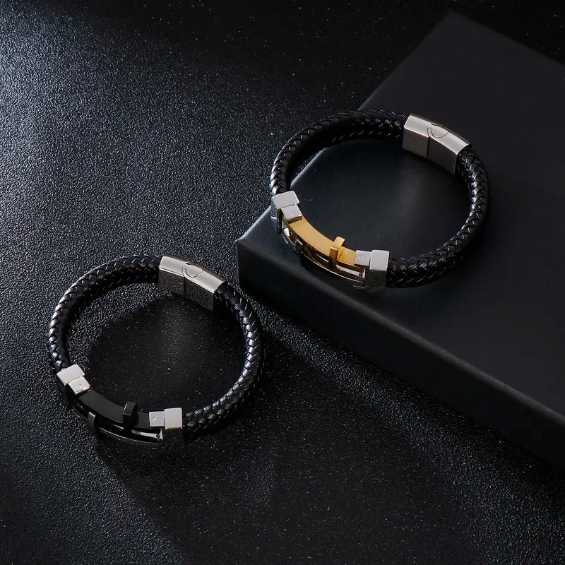 KALEN Trendy Genuine Leather Cord Bracelet Men Stainless Steel With Magnetic Clasp