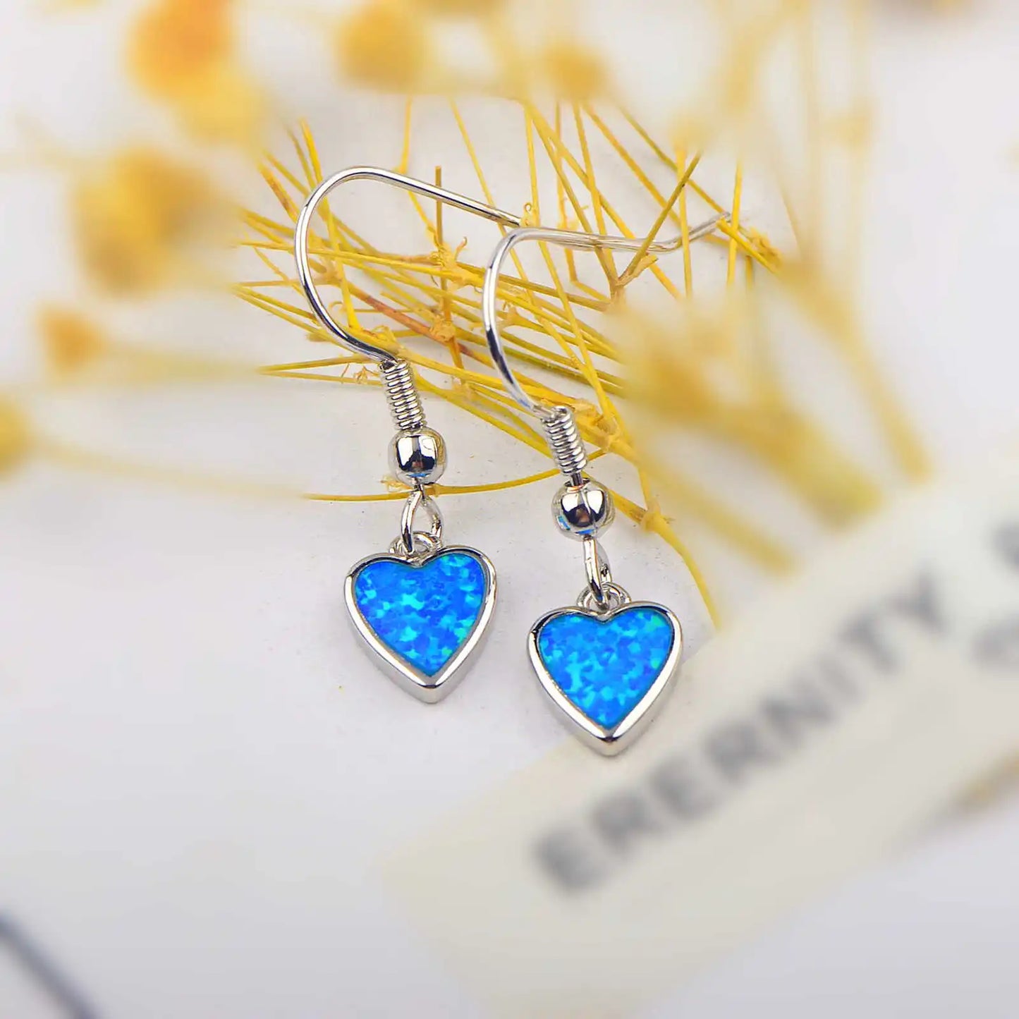 Fresh & Dainty Brass Blue Opal Heart Bohemian Christian Pendant Earrings Love Shaped Ins TikTok Hot Jewelry