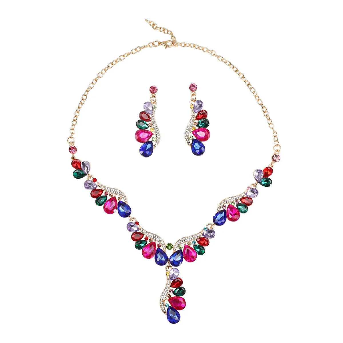 Luxury Multi Color Crystal Drop-Shaped Gemstone Necklace Earrings Jewelry Set for Women