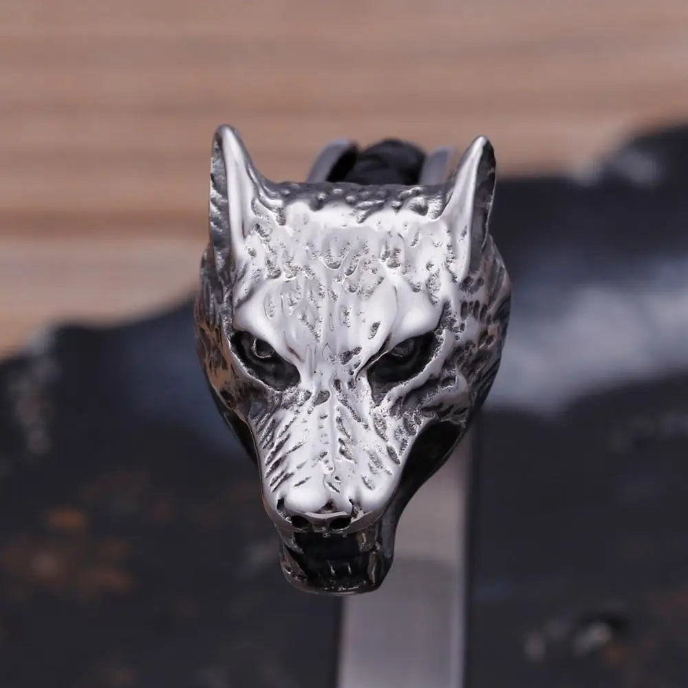VIKING Mens Punk Wolf Leather & Stainless Steel Bangle – Silver