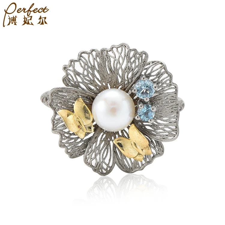 3D Printer Fashionable Flower Silver Charm Jewelry Pearl Rings