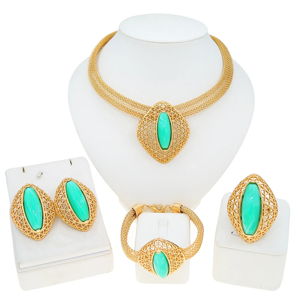 Zhuerrui Gold Plated Jewelry Set for Fashion Women Green Crystal Pendant Necklace Party Wedding Luxury Accessories HC25003