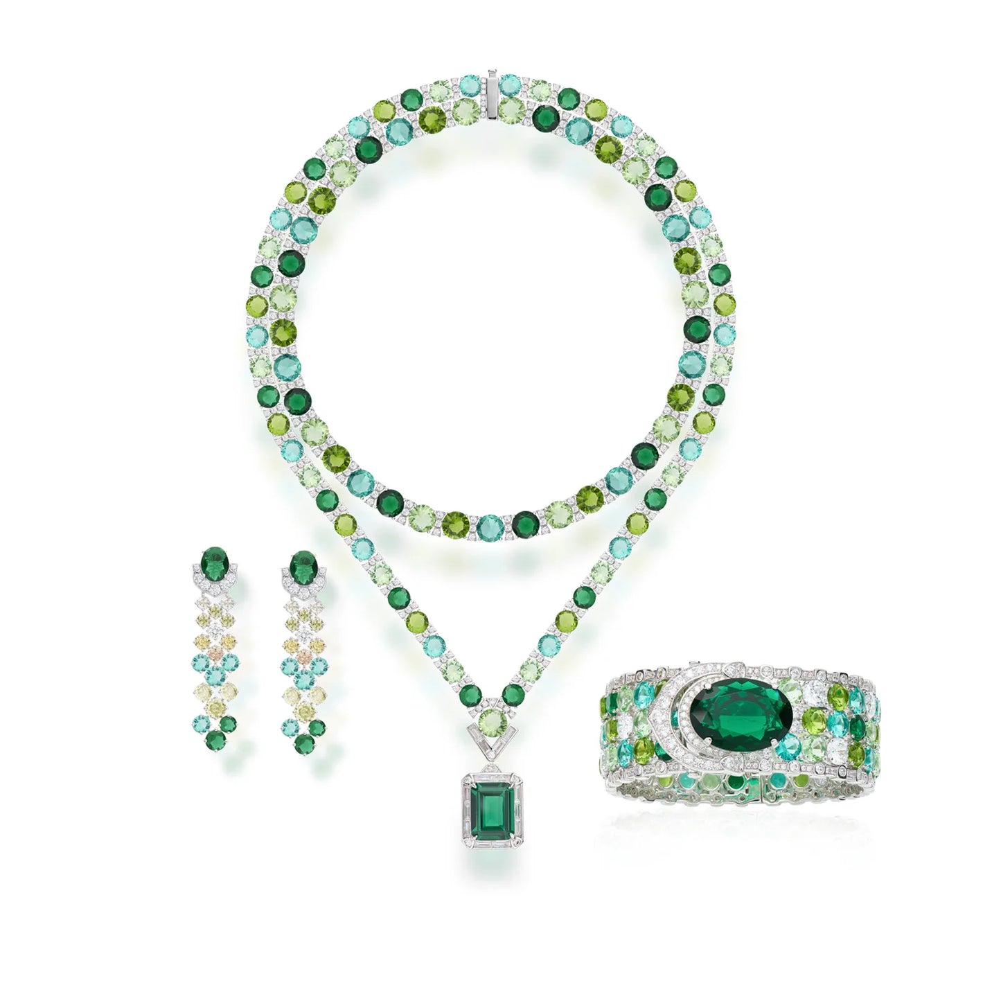 New Arriving Gradient Colorful Zirconia Jewelry Set Gold Plated Heavy Luxury Necklace Earrings Bracelet 3pcs Women Jewelry Set