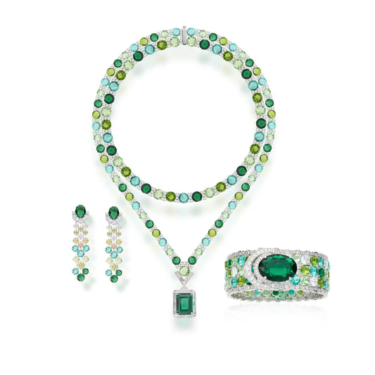New Arriving Gradient Colorful Zirconia Jewelry Set Gold Plated Heavy Luxury Necklace Earrings Bracelet 3pcs Women Jewelry Set