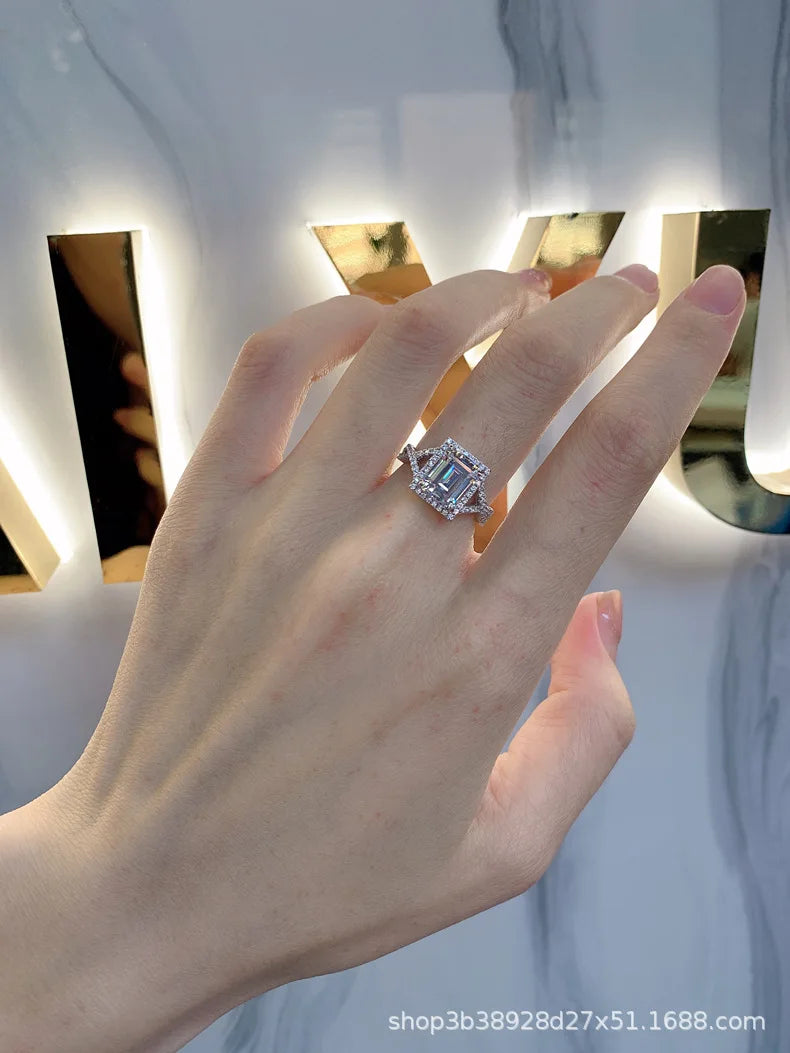 MuShan Jewelry Factory New Inlaid 7 * 9 Main Diamond S925 Pure Silver Ring for Women with Ins Style High Carbon Diamond Ring
