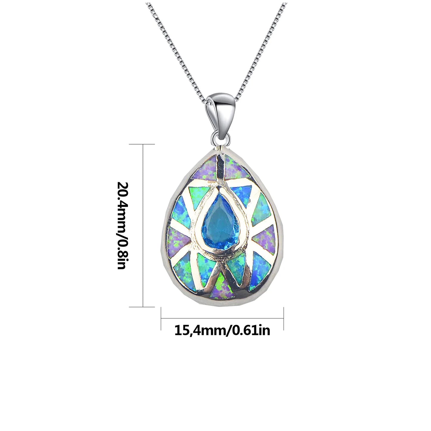 Aobao Christian Copper Link Chain Silver Plated Water Drop Necklace Colorful Patchwork Heart Pendant Inlaid Opal Wholesale