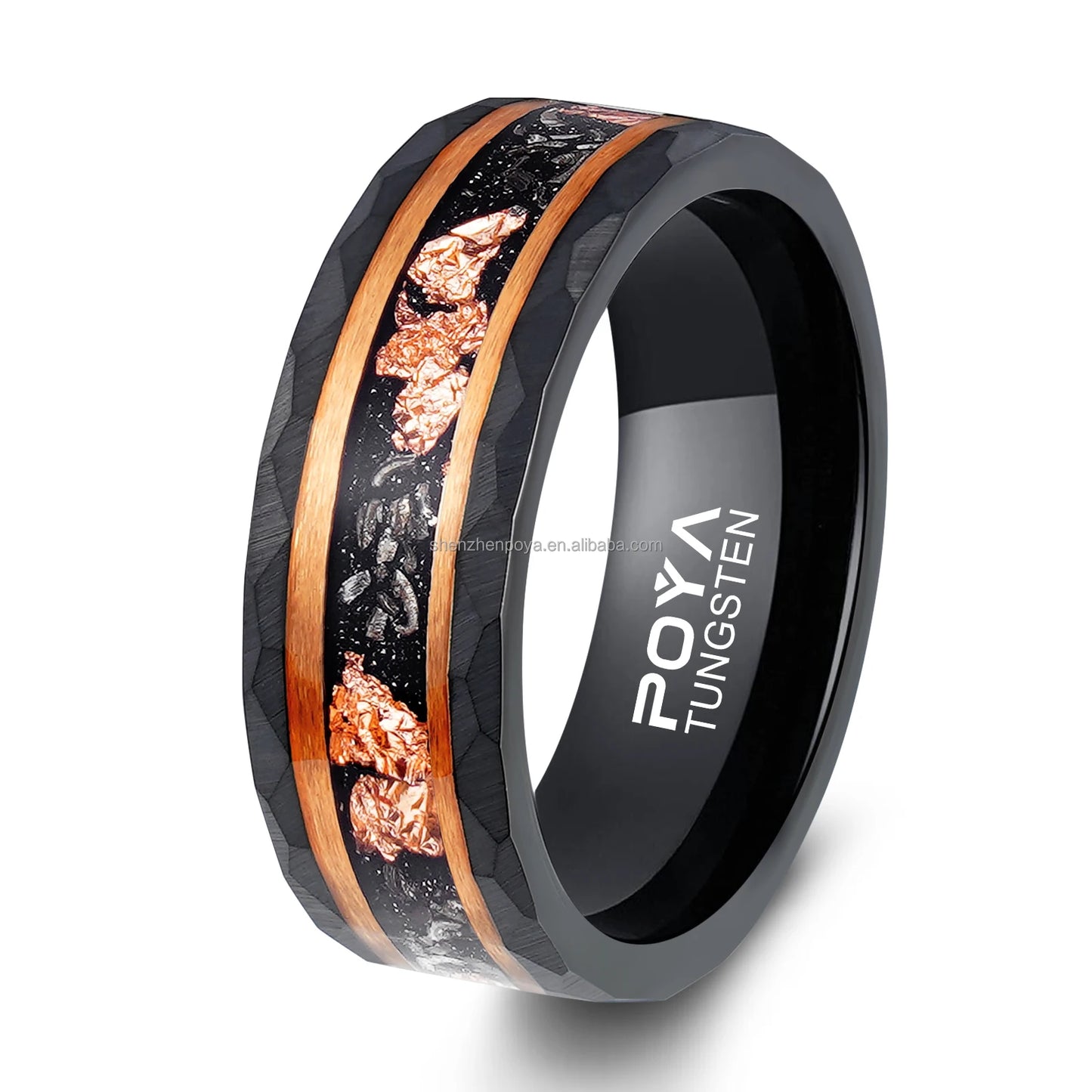 POYA Meteorite Gold Leaf Wedding Band 8mm Hammered Mens Black Unique Tungsten Engagement Rings