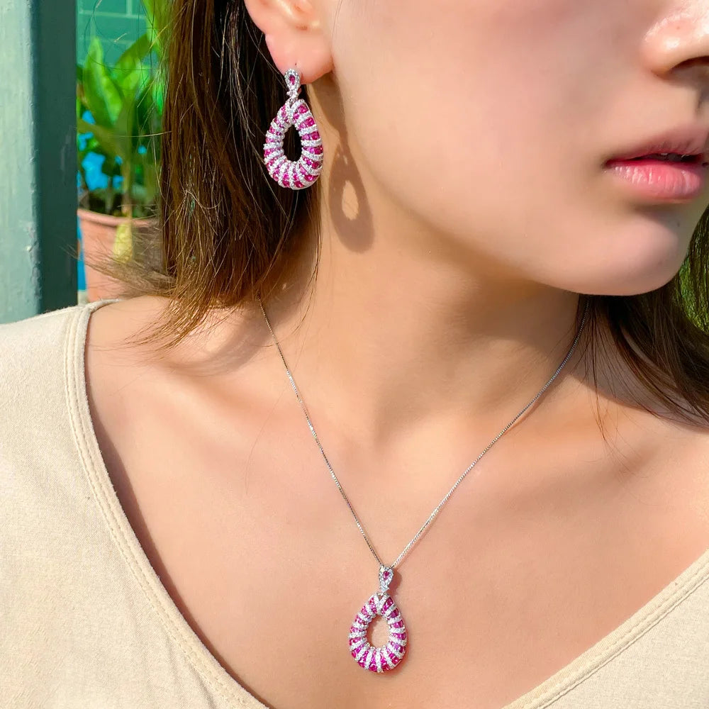 Micro Pave Excellent Fuchsia Red Cubic Zirconia Dangle Pendant Necklace Tear Drop Earring Jewelry Set for Women Festive Prom