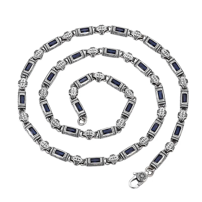 S&S 925 Silver Tang Grass Pattern Necklace | Zircon Set | 5mm Sweater Chain | Blue & Green