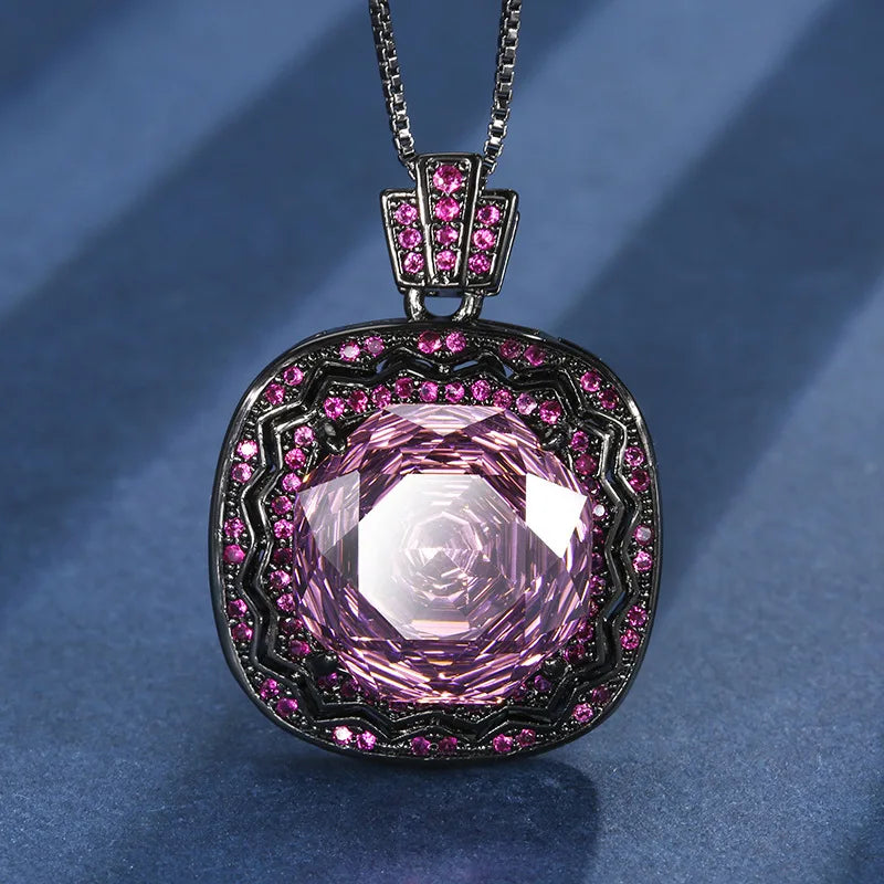 Gemfiori New Hot Selling Rose Zircon square Pendant Fashionable and Exquisite Adjustable Ring Jewelry Set