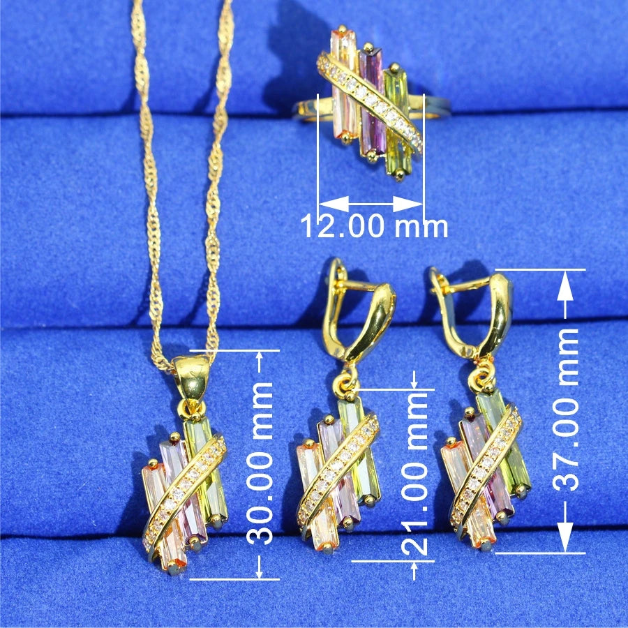 XOTICA Women's Gold Plated Multicolor Zircon Jewelry Set Square Earrings Necklace Pendant Ring for Wedding Parties Classic Bridal Gifts