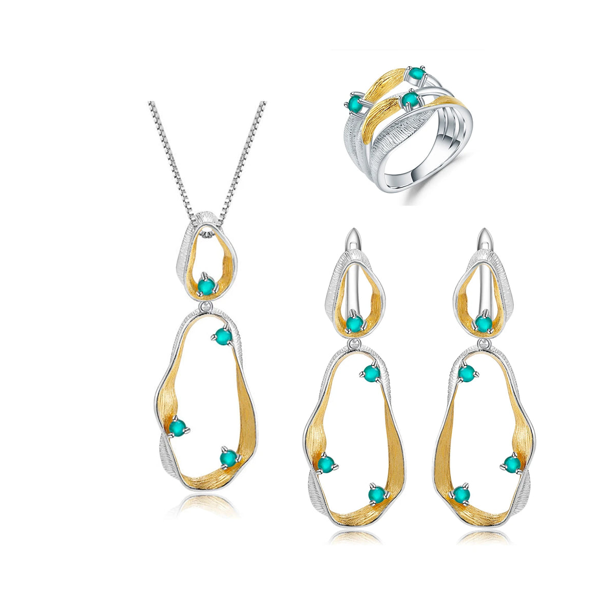 ArtistA Abiding Modern Chic Irregular Geometric Natural Gemstone Green Agate Decoration Jewelry Sets in 925 Silver 2 Tone Plated