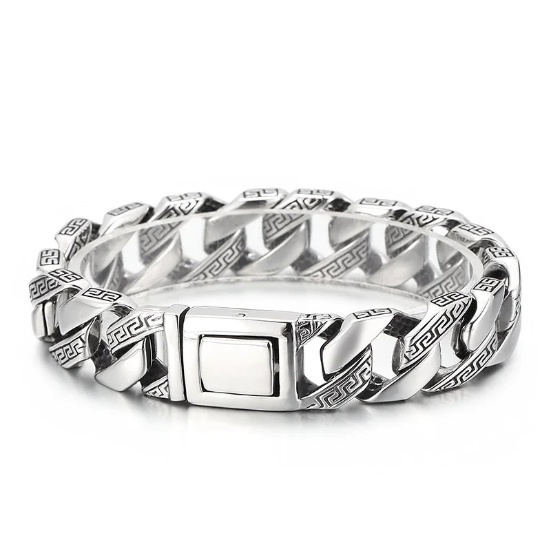 KALEN 22cm High Polished Engrave Symbol Retro Stainless Steel Mens Cuban Chain Link Bracelet