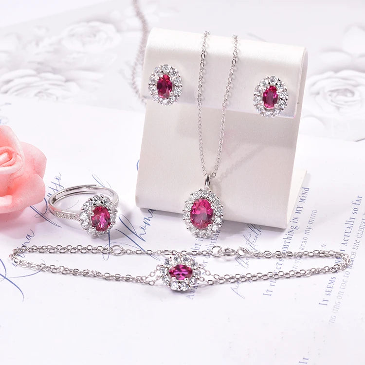 S&S 925 Silver Lab-Grown Ruby Jewellery | 18K White Gold Plated | Ring, Earrings, Pendant, Bracelet or Full Set