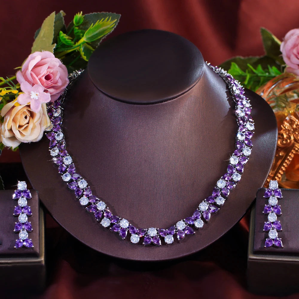 High Quality African Sliver Plated Cubic Zirconia Necklace Earrings Bridal Luxury Purple Jewelry Set for Women Wedding Party