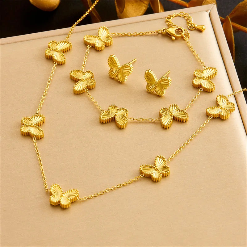 Gold Butterfly Necklace, Earrings & Bracelet Jewellery Set | Luxury Fashion Set