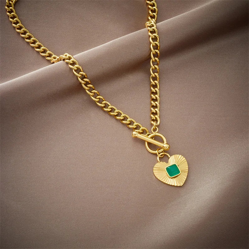 Gold Green Crystal Heart Necklace & Earrings Jewellery Set | Bold Romance Fashion Set