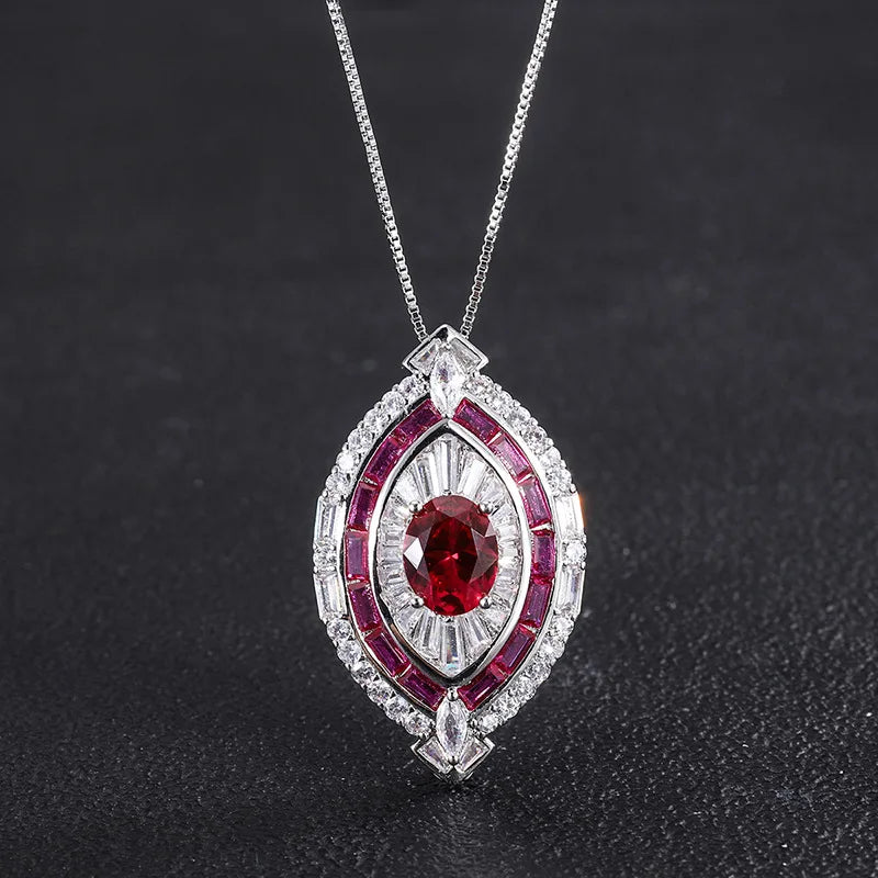 Fashion Jewelry Eco-friendly Copper 8*10MM Red Zircon Women's Insert Design Ring and Necklace Combo Set for Valentine's Day Gift
