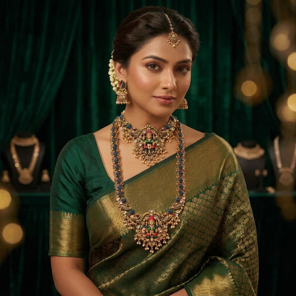 Luxury Temple Jewellery Lakshmi Bridal Necklace Set Antique Gold Plated Brass Wedding Long Haram Choker Set for Women Set