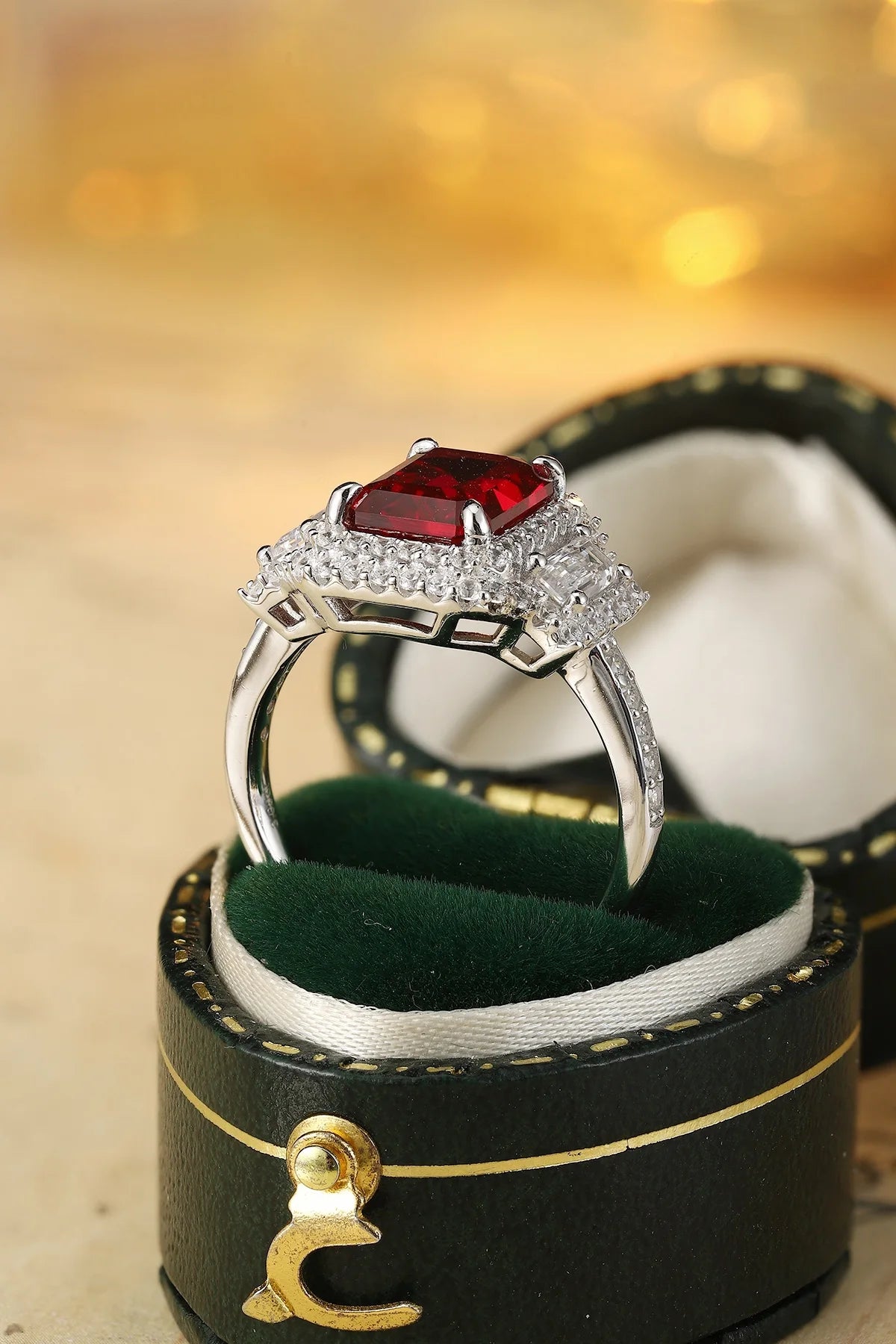 Gemfiori Retro-style Ruby Engagement Ring Sterling Silver 925 Rhodium Plated Prong Setting Vintage Wedding Ring for Her Gift & Party